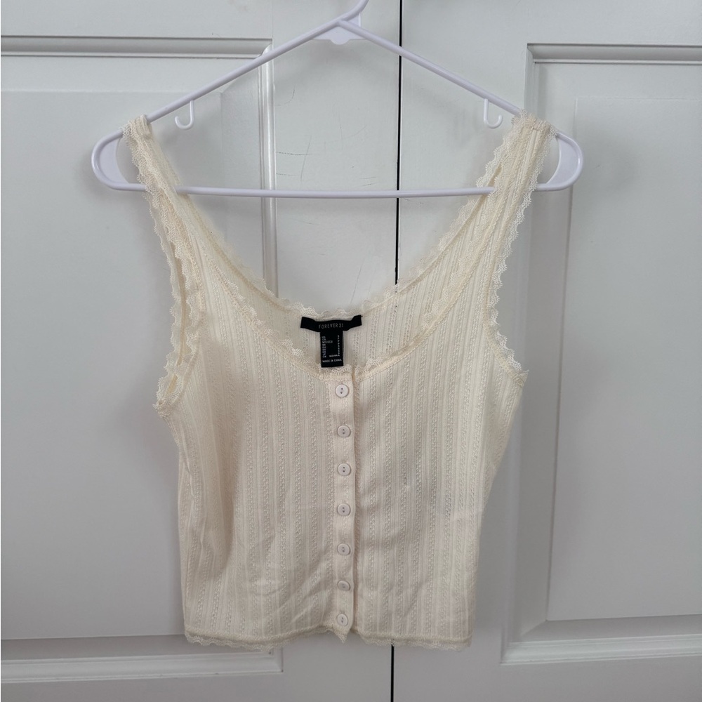 Forever 21 White Button-Up Camisole with Lace Trim